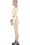Khaki Womwn Autumn Long Sleeve V Collar Zipper Pure Color Sexy Bodycon Pants Sets FMM2051-6