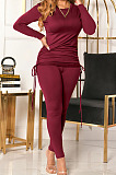 Dark Purple Women Long Sleeve Tight Solid Color Drawsting Casual Round Collar Pants Sets FMM2079-5