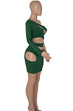Green Women One Shoulder Pure Color Hollw Out Single Sleeve High Waist Sexy Bodycon Hip Mini Dress FMM2093-5