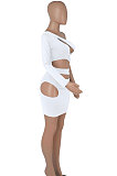 White Women One Shoulder Pure Color Hollw Out Single Sleeve High Waist Sexy Bodycon Hip Mini Dress FMM2093-1