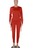 Wine Red Women Long Sleeve Tight Solid Color Drawsting Casual Round Collar Pants Sets FMM2079-6