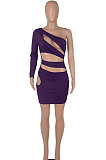 Purple Women One Shoulder Pure Color Hollw Out Single Sleeve High Waist Sexy Bodycon Hip Mini Dress FMM2093-4