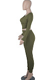 Army Green Womwn Autumn Long Sleeve V Collar Zipper Pure Color Sexy Bodycon Pants Sets FMM2051-4