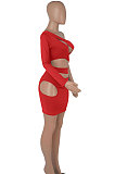 Red Women One Shoulder Pure Color Hollw Out Single Sleeve High Waist Sexy Bodycon Hip Mini Dress FMM2093-2