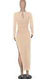 Black Euramerican Women Solid Color Long Sleeve Crop High Split High Waist Long Dress FMM2081-3