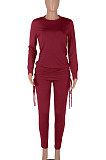 Red Women Long Sleeve Tight Solid Color Drawsting Casual Round Collar Pants Sets FMM2079-1