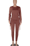 Black Women Long Sleeve Tight Solid Color Drawsting Casual Round Collar Pants Sets FMM2079-2