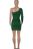 Green Women One Shoulder Pure Color Hollw Out Single Sleeve High Waist Sexy Bodycon Hip Mini Dress FMM2093-5