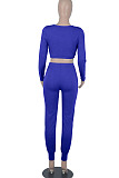 Bright Blue Womwn Autumn Long Sleeve V Collar Zipper Pure Color Sexy Bodycon Pants Sets FMM2051-5