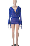 Blue Sexy Club Suit Long Sleeve Deep V Collar Pure Color Backless Mesh Spaghetti Skirts Sets FMM2095-3
