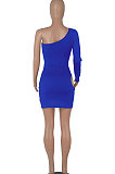 Purple Women One Shoulder Pure Color Hollw Out Single Sleeve High Waist Sexy Bodycon Hip Mini Dress FMM2093-4