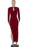 Wine Red Euramerican Women Solid Color Long Sleeve Crop High Split High Waist Long Dress FMM2081-2