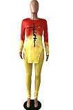 Yellow Wholesale Print Long Sleeve Round Neck Top Bodycon Pants Sets YNS1677-1