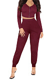 Black Womwn Autumn Long Sleeve V Collar Zipper Pure Color Sexy Bodycon Pants Sets FMM2051-2