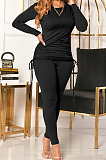 Army Green Women Long Sleeve Tight Solid Color Drawsting Casual Round Collar Pants Sets FMM2079-4
