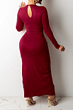 Khaki Euramerican Women Solid Color Long Sleeve Crop High Split High Waist Long Dress FMM2081-5