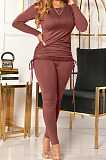Dark Purple Women Long Sleeve Tight Solid Color Drawsting Casual Round Collar Pants Sets FMM2079-5