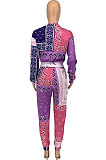 Purple Women Autumn Winter Fashion Casual Sport Round Collar Paisley Pants Sets GLS10030-1