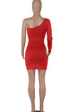 Red Women One Shoulder Pure Color Hollw Out Single Sleeve High Waist Sexy Bodycon Hip Mini Dress FMM2093-2