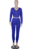 Bright Blue Womwn Autumn Long Sleeve V Collar Zipper Pure Color Sexy Bodycon Pants Sets FMM2051-5
