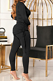 Red Women Long Sleeve Tight Solid Color Drawsting Casual Round Collar Pants Sets FMM2079-1