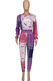 Purple Women Autumn Winter Fashion Casual Sport Round Collar Paisley Pants Sets GLS10030-1