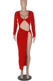 Red Euramerican Women Solid Color Long Sleeve Crop High Split High Waist Long Dress FMM2081-1