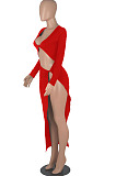 Red Euramerican Women Solid Color Long Sleeve Crop High Split High Waist Long Dress FMM2081-1