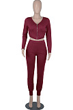 Wine Red Womwn Autumn Long Sleeve V Collar Zipper Pure Color Sexy Bodycon Pants Sets FMM2051-3