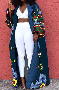 Blue Women Fashion Joket Long Cardigan Loose Printing Jacket Plus Size Tops DY69431-4