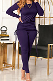 Wine Red Women Long Sleeve Tight Solid Color Drawsting Casual Round Collar Pants Sets FMM2079-6