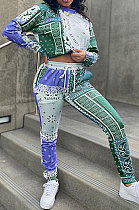 Green Blue Women Autumn Winter Fashion Casual Sport Round Collar Paisley Pants Sets GLS10030-2