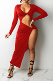 Black Euramerican Women Solid Color Long Sleeve Crop High Split High Waist Long Dress FMM2081-3