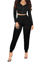 Black Womwn Autumn Long Sleeve V Collar Zipper Pure Color Sexy Bodycon Pants Sets FMM2051-2