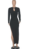 Khaki Euramerican Women Solid Color Long Sleeve Crop High Split High Waist Long Dress FMM2081-5