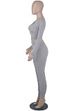 Khaki Womwn Autumn Long Sleeve V Collar Zipper Pure Color Sexy Bodycon Pants Sets FMM2051-6