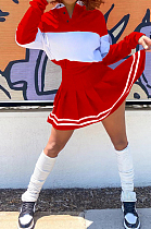 Red Preppy Newest Spliced Long Sleeve Lepal Neck Top Side Strip Mini Skirts Sport Sets SZS8165-1