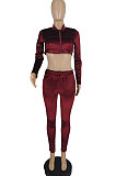 Wine Red Autumn Winter Velvet Long Sleeve Zip Front Crop Coat Pencil Pants Casual Sets SQ90081-1