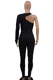Balck Women Long Sleeve One Shoulder Solid Color Sexy Bodycon Jumpsuits QMX1012-2