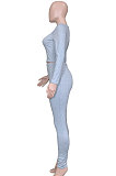 Gray Women Autumn Winter Elastic Sexy U Collar Solid Color Long Sleeve Long Pants Sets MOL174-1