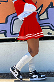 Red Preppy Newest Spliced Long Sleeve Lepal Neck Top Side Strip Mini Skirts Sport Sets SZS8165-1