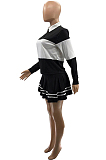 Yellow Preppy Newest Spliced Long Sleeve Lepal Neck Top Side Strip Mini Skirts Sport Sets SZS8165-3