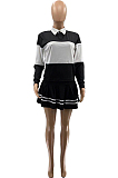 Yellow Preppy Newest Spliced Long Sleeve Lepal Neck Top Side Strip Mini Skirts Sport Sets SZS8165-3