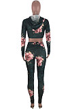Gray Cyan Fashion Print Long Sleeve Crop Hoodie High WaIst Badage Bodycon Pants Sets PQ8009-1