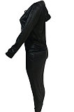 Drak Green Newest Velvet Long Sleeve Zip Front Hooded Coat Sweat Pants Solid Color Sets OEP6310-3