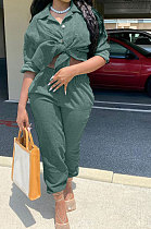 Green Euramerican Women Corduroy Solid Color Button Tied Turn-Down Collar Cardigan Pants Sets QMQ7066-1