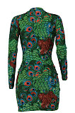 Green Sexy Women Peacock Feathers Printing Irregular Zipper Mini Dress HZF57811-1