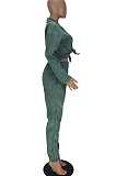 Green Euramerican Women Corduroy Solid Color Button Tied Turn-Down Collar Cardigan Pants Sets QMQ7066-1