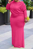 Rose Red Big Yrads Cotton Blend Long Sleeve Round Neck Collcet Waist Fat Woman Maxi Dress SY8825-1