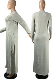 Gray Cotton Blend Long Sleeve Irregularity V Neck Top Bodycon Pants Sets YFS10023-2